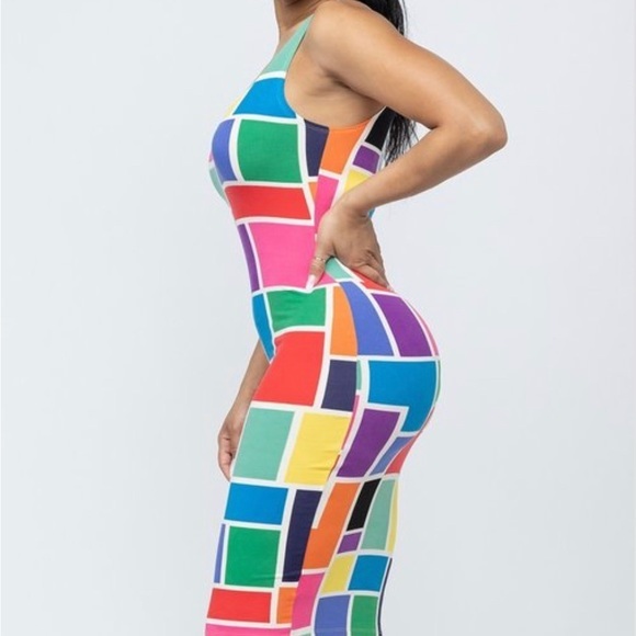 TANK TOP MULTI COLORFUL COLOR BLOCK FITTED BODYCON MIDI DRESS - Picture 6 of 8